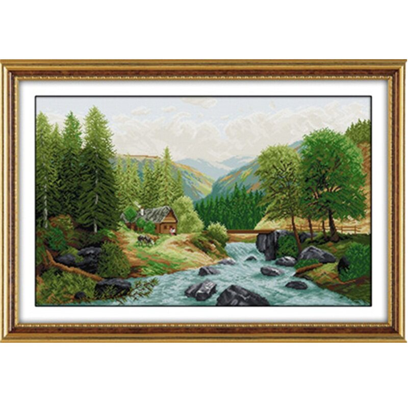 小桥流水人家十字绣山间小溪风景