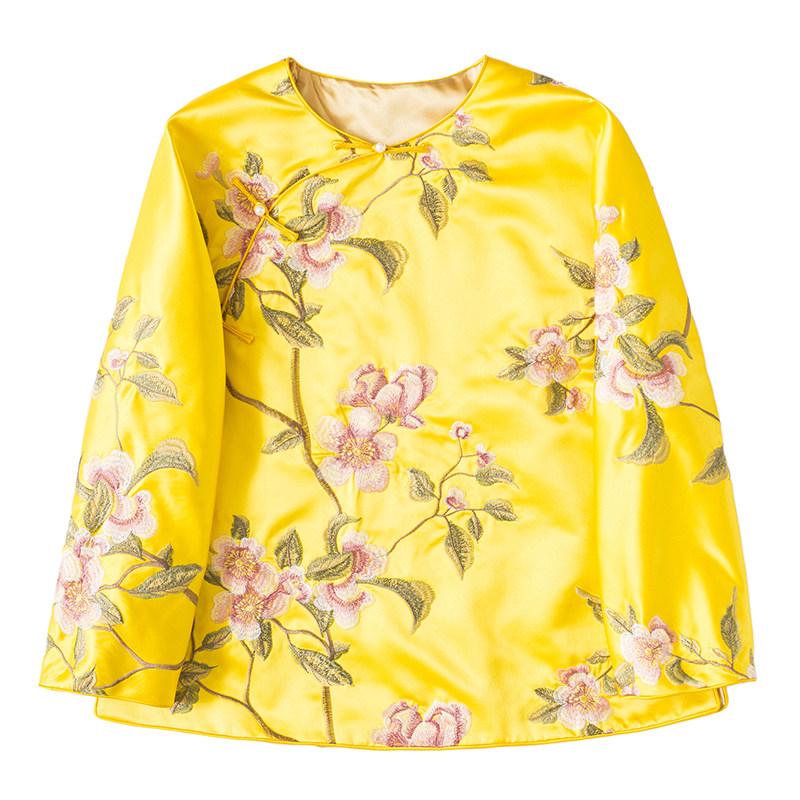 绣花盘扣圆领宽松旗袍上衣新品