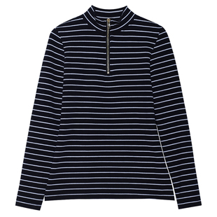 纯棉黑白条纹半高领打底衫女款大码修身中领长袖T恤上衣秋衣外穿