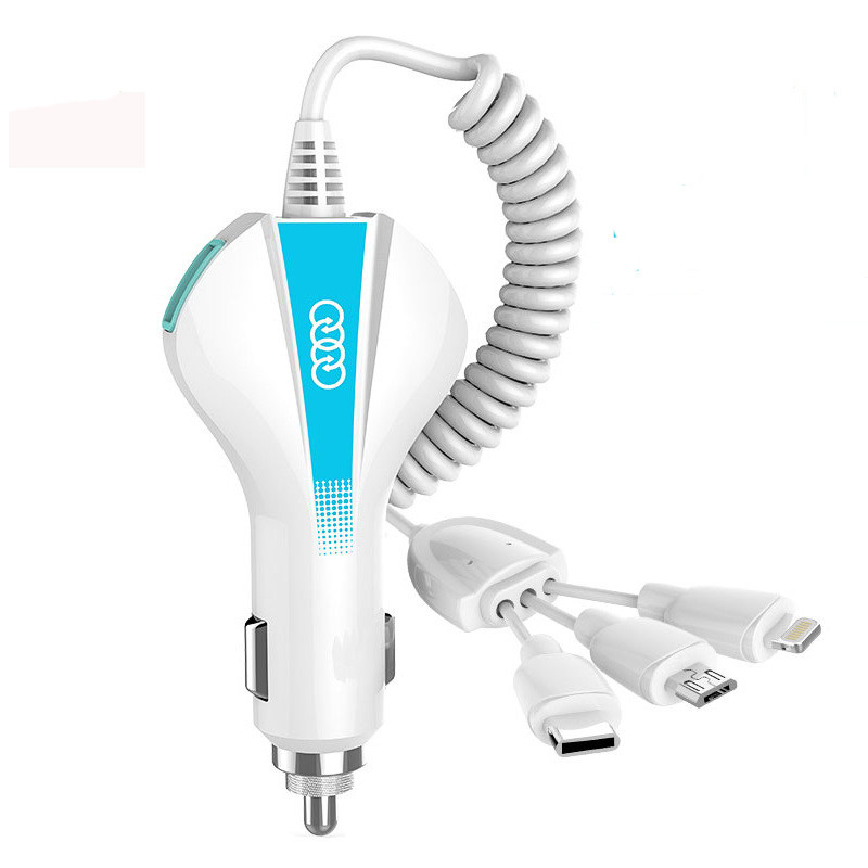 汽车车载充电器带线插座万能型多功能带数据线12v-24v一拖三usb苹果安卓快充手机通用闪充货车小车用点烟器式