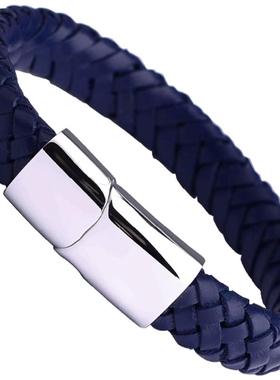 飒雅风百搭牛皮蓝色手环钛钢