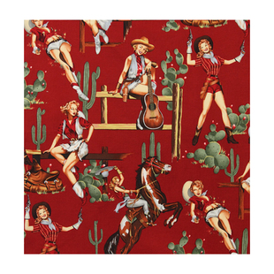 复古红色底色斜纹印花府绸 西部女郎 手工DIY 布料 出口美国