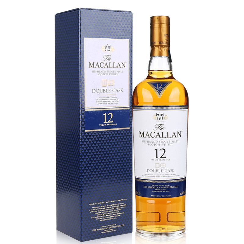 麦卡伦12年蓝钻单一麦芽苏格兰威士忌双桶陈酿洋酒Macallan带盒瓶