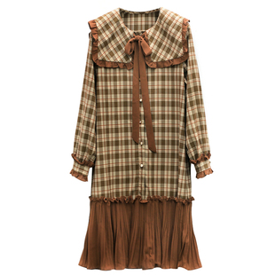 专柜品牌撤柜折扣依系列2020春装减龄大方领系带格子百褶摆连衣裙