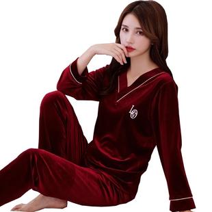 秋冬珊瑚绒睡衣女春季长袖保暖V领红色金丝绒家居服可爱韩版套装
