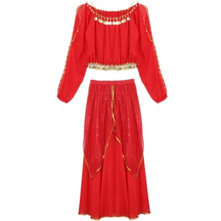 印度舞蹈表演出服新款新疆舞民族舞肚皮舞表演服装长袖金边裙套装