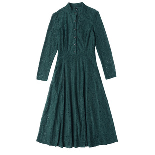 长袖连衣裙春秋装2025年新款女装收腰遮肚子显瘦蕾丝打底中长裙子