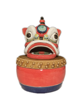 石湾公仔舞狮茶叶罐佛山商务摆件