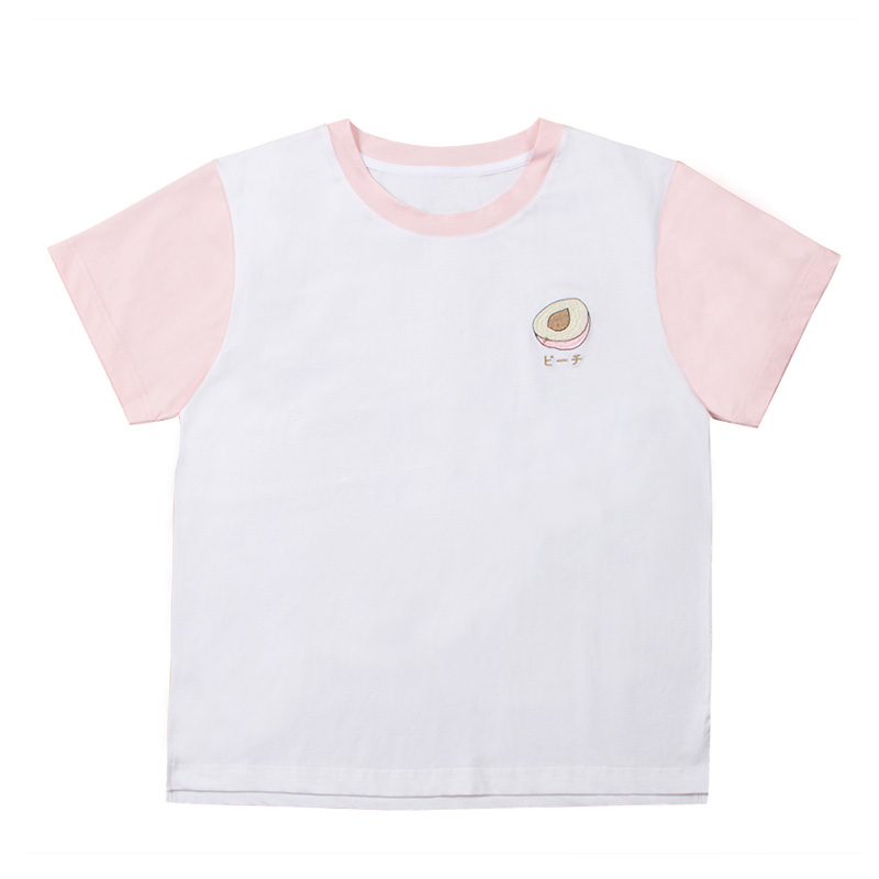 【限时6折】L蜜桃女孩的水果味夏天 水果刺绣拼色甜美纯棉T恤
