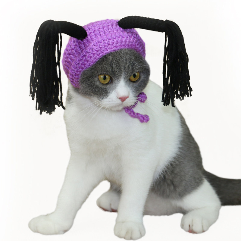 宠物猫咪帽子狗狗头套变装帽万圣节可爱搞怪毛线假发帽小辫子