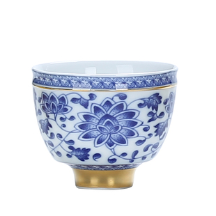 青花瓷茶杯陶瓷功夫小茶杯单杯主人杯茶具茶盏套装描金品茗斗笠杯