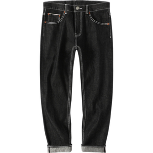 黑色九分牛仔裤男款夏休闲直筒宽松小脚九分裤港风刺绣