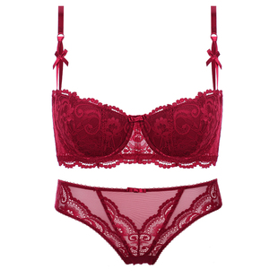 法式半杯内衣蕾丝性感小胸调整型刺绣上托文胸套装薄海绵E杯95d夏