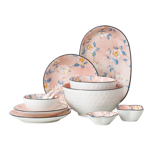 日式北欧陶瓷釉下彩碗盘餐具家用创意吃饭碗餐盘菜盘个性双耳烤盘