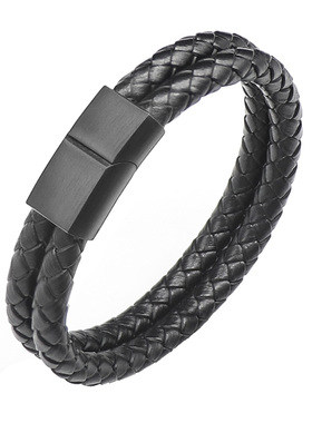 时尚黑色双层真皮手链百搭磨砂