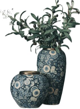 金口干花陶瓷青花花瓶台面中式