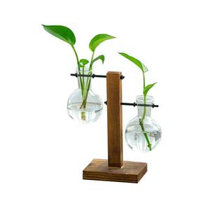 创意木架水培花瓶客厅办公室桌面绿萝植物透明玻璃花器小容器摆件