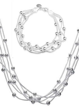 925银饰套装女 五线光珠手链项链两件套 时尚简约婚庆新娘首饰品