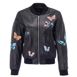 彩印蝴蝶风油画印刷万针刺绣蝴蝶女绵羊皮真皮皮衣皮夹克棒球服