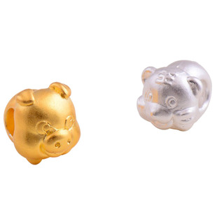 S999纯银十二生肖隔珠配件3D硬银鼠属相diy猪虎牛兔红绳手链配饰