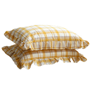 清新复古黄色纯棉格子荷叶边枕套一对单人全棉枕头套韩式木耳花边