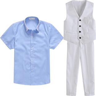 男童短袖衬衫纯白色西装马甲长裤套装夏季儿童衬衣礼服孩表演出服