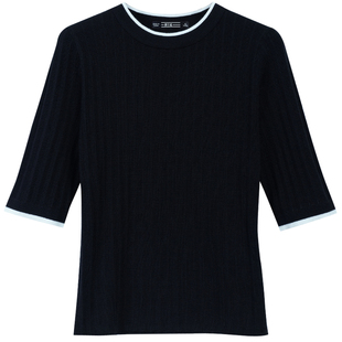 横行道大码宽松毛衣针织中袖女上衣中领纯色半高圆领五分袖羊毛衫