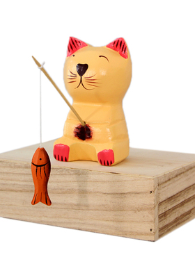 家居装饰品桌面摆件木质小猫钓鱼
