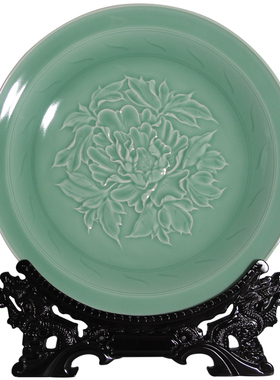 龙泉宋元青瓷牡丹挂盘装饰玄关