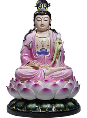 彩绘娑婆三圣摆件粉红色陶瓷佛像