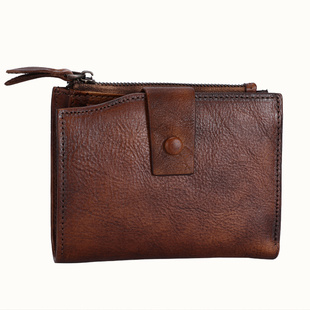 法缇斯新款手工复古真皮钱包男头层牛皮休闲皮夹钱包女短款手腕包