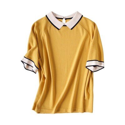 新款短袖法式短款上衣冰丝翻领·