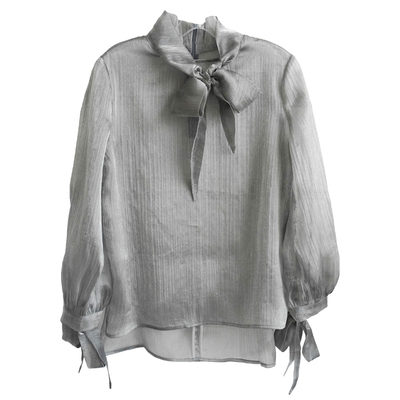 长袖欧根纱衬衫上衣系带设计复古