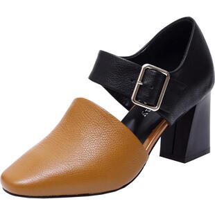 2026新款春夏季女鞋一字扣高跟鞋夏天软皮气质粗跟包头凉鞋真皮鞋