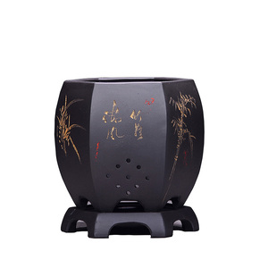 精品紫砂花盆简约兰花盆窝口六方盆景盆高脚植物花盆陶瓷花盆黑色