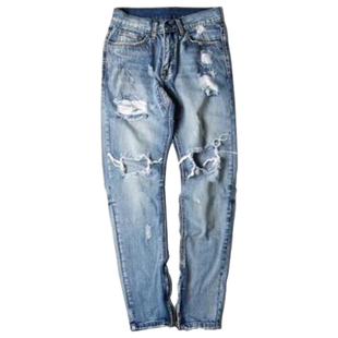 欧美高街破洞破坏乞丐牛仔裤直筒裤潮男大码牛仔大破洞裤脚带拉链