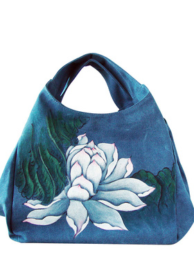 莲花荷花新款时尚手绘帆布包手提包中国风女包佛系禅意艺术高品质