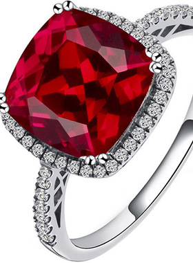 纯银镶嵌方形白金女款红宝石戒指