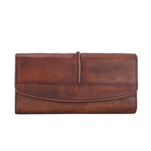 法缇斯新款手工皮夹女士头层牛皮钱夹三折复古真皮钱包长款大容量