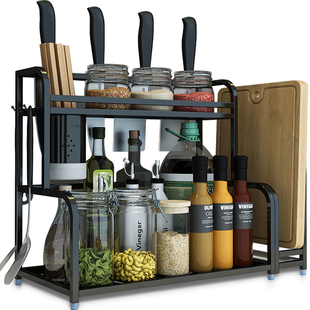 厨房置物架台面不锈钢刀架家用用品黑色双层调味品收纳架子调料架