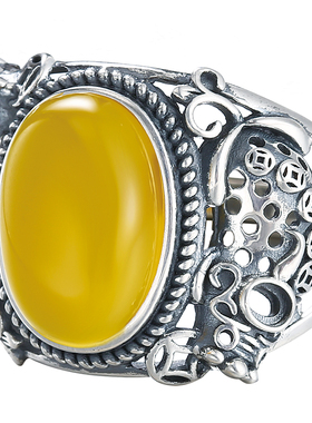 纯银霸气复古貔貅蜜蜡琥珀戒指托