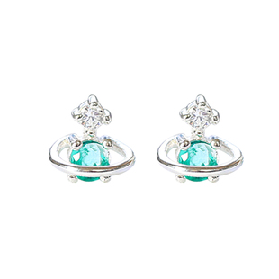 S925纯银星球耳钉绿色锆石星星耳环清新可爱小巧行星耳坠耳饰品女