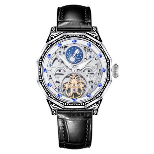 VRQ机械表M03日月星辰雕刻全自动镂空陀飞轮月相手表送男友礼物