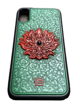 大漆雕漆 双色一体宝相花蓝珀款 漆器手机壳iPhone7/8Plus/11/12X