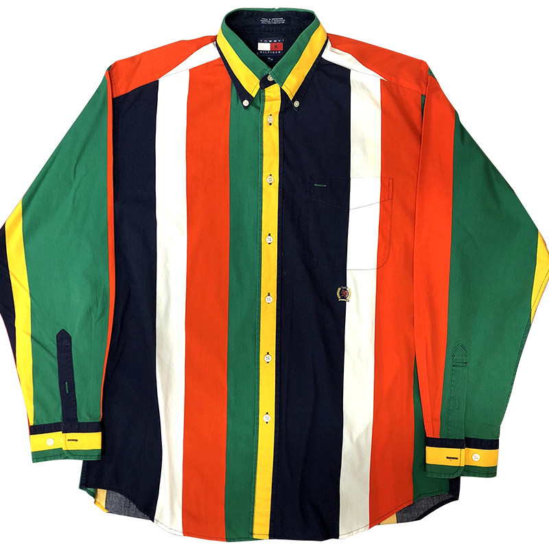vintage古着精品Tom*y经典竖条纹中古四季POLO长袖衬衫阿泰咔骐