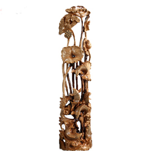 根雕香樟木实木年年有鱼摆件荷花鱼木雕家居工艺品客厅玄关艺术品