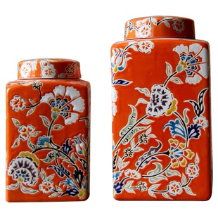 雨彤欧式复古仿古手绘陶瓷四方罐台面摆件储物罐陶罐瓶家居装饰品