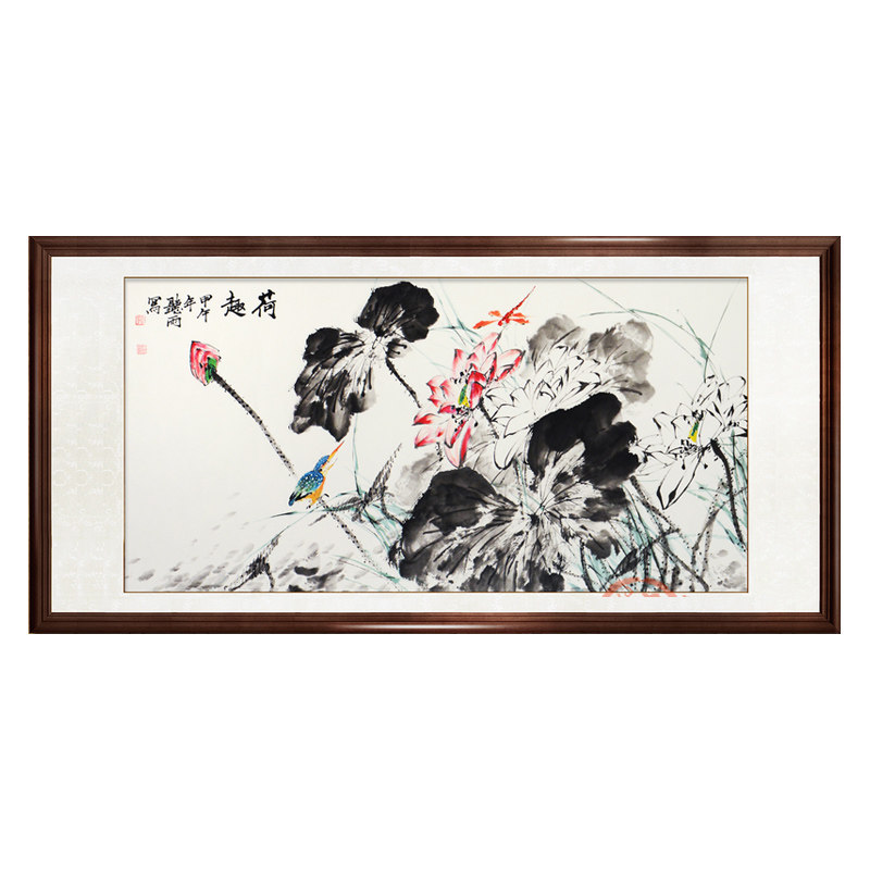 三尺荷塘水墨花鸟茶楼已装裱国画