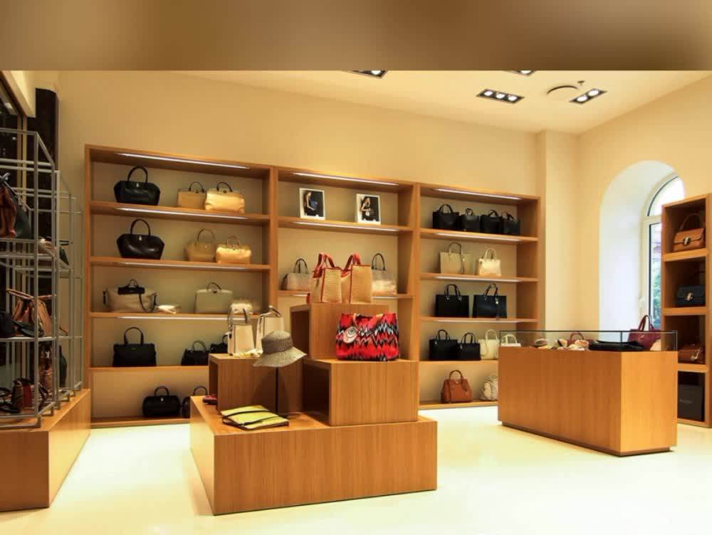 Modern Shopping Mall Wooden Glass Bag Display Retail Showcase