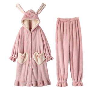 珊瑚绒睡衣女秋冬季加厚网红款学生甜美浴袍睡袍长款法兰绒家居服